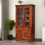 Crockery Cabinet with 2 Glass Doors | Wooden Wardrobe Kitchen Cabinet with 6 Shelves Storage | Bookcase for Living Room, Bedroom & Office | Honey Finish