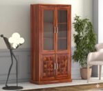 Glass Door for Home Library Solid Wood Bookcase Wooden Crockery Cabinet for Kitchen Book Shelf (Natural Finish)