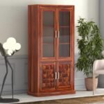 Glass Door for Home Library Solid Wood Bookcase Wooden Crockery Cabinet for Kitchen Book Shelf (Natural Finish)